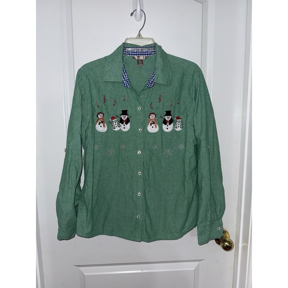 Vintage Christmas Snowman Button‎ Down Ladies Shirt White Stag Size XL